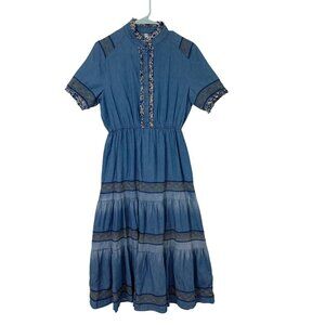 Anthropologie Lapis Maxi Dress Blue Chambray Embroidered Tiered Boho Western L